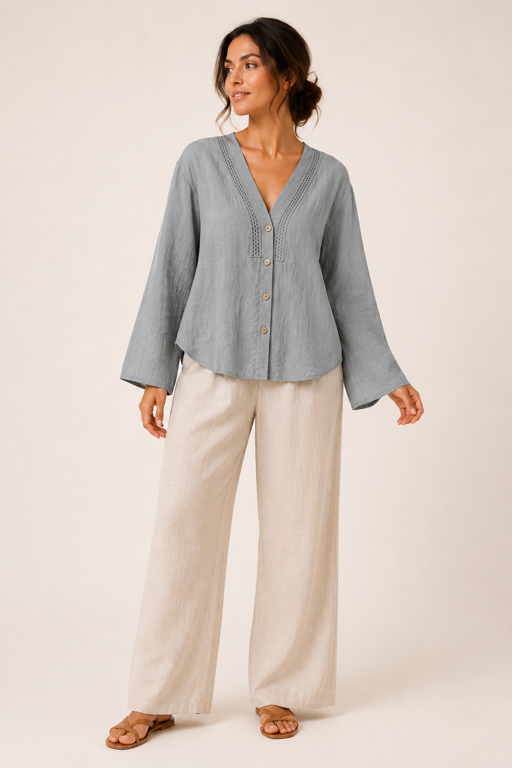Blusa lino mujer manga larga escote V detalle calado botones casual - Kamila