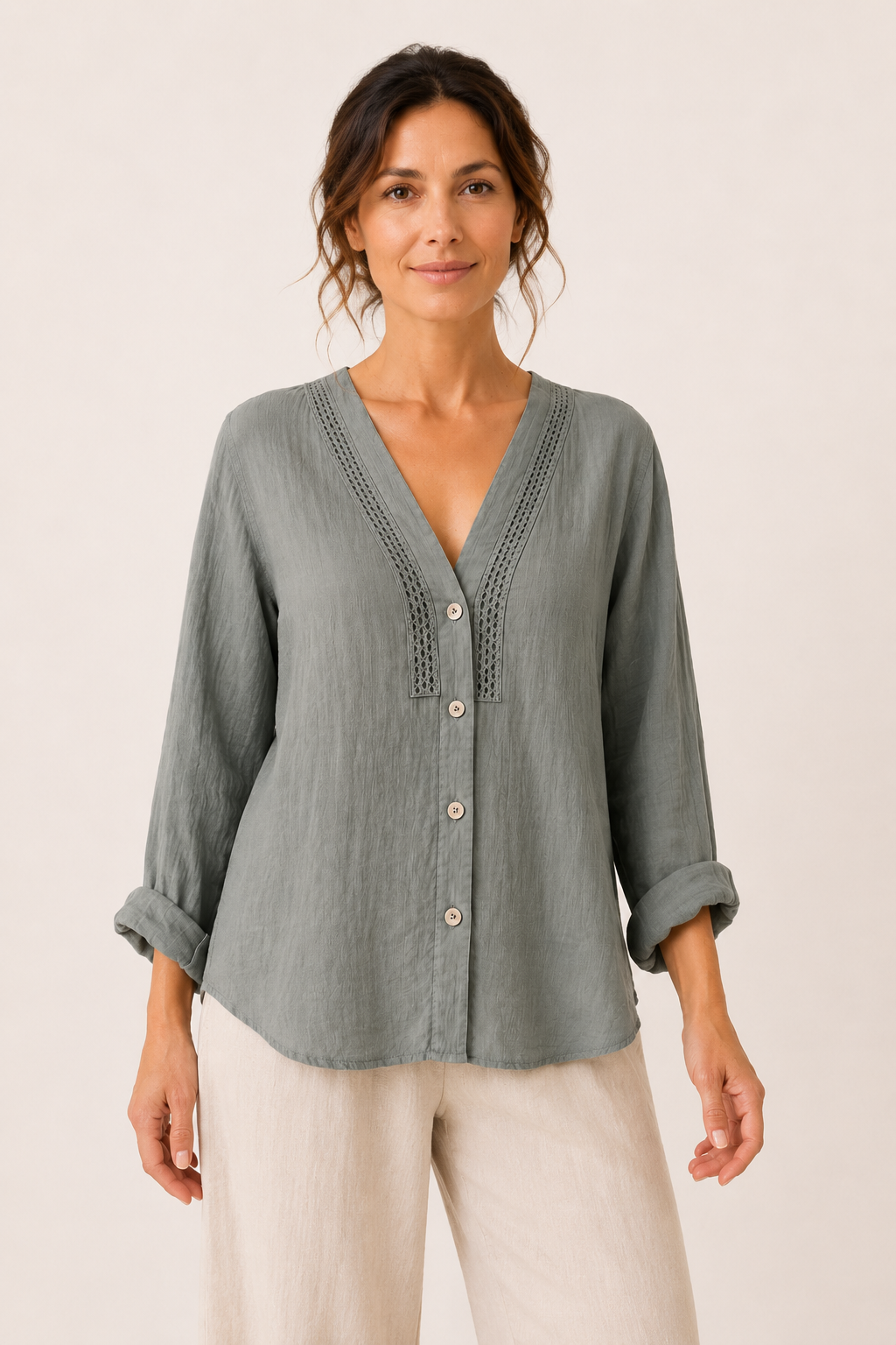 Blusa lino mujer manga larga escote V detalle calado botones casual - Kamila