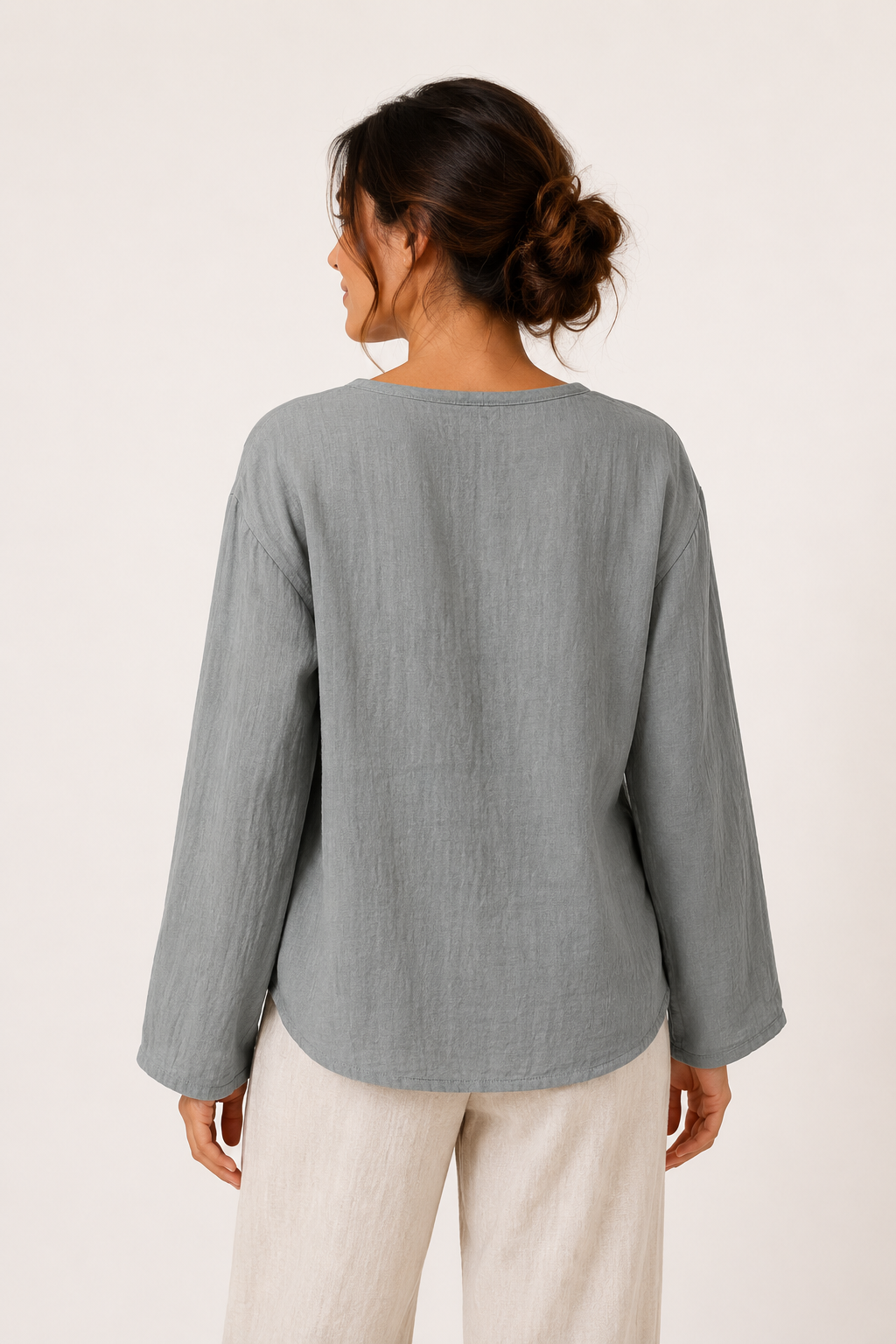 Blusa lino mujer manga larga escote V detalle calado botones casual - Kamila