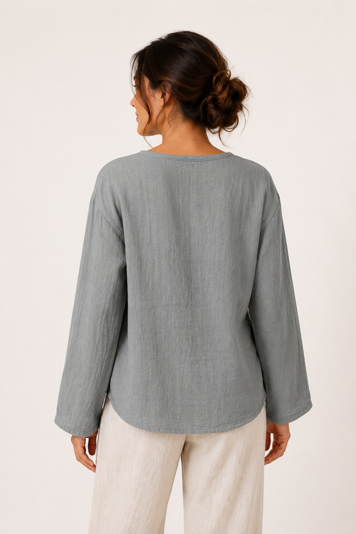 Blusa lino mujer manga larga escote V detalle calado botones casual - Kamila