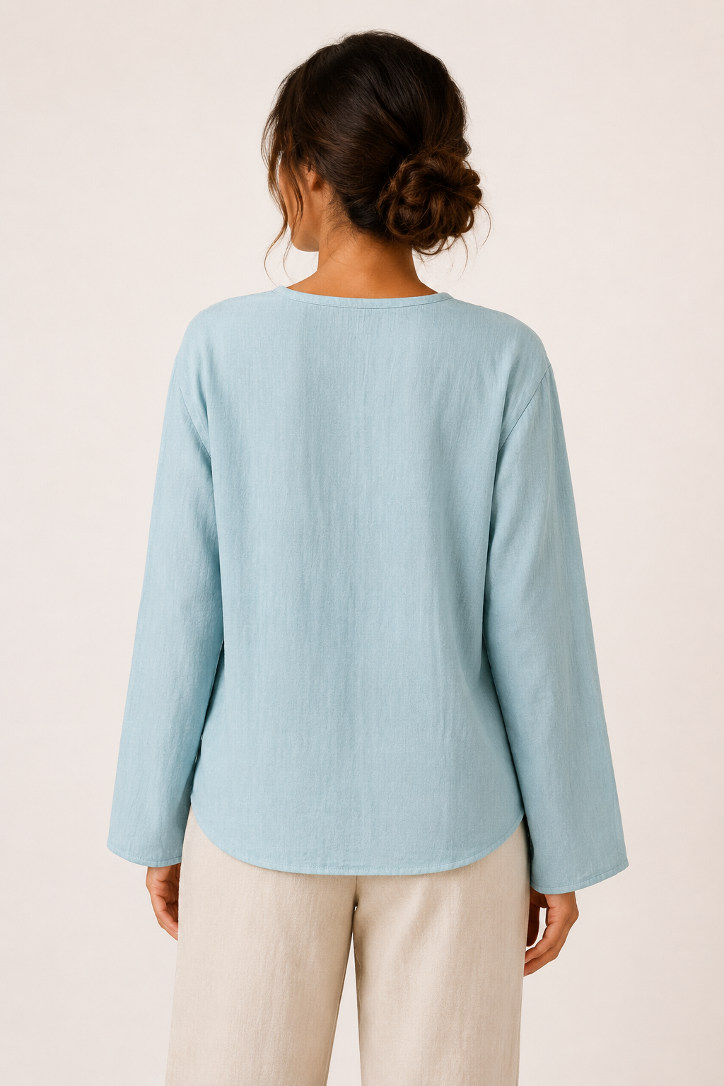 Blusa lino mujer manga larga escote V detalle calado botones casual - Kamila