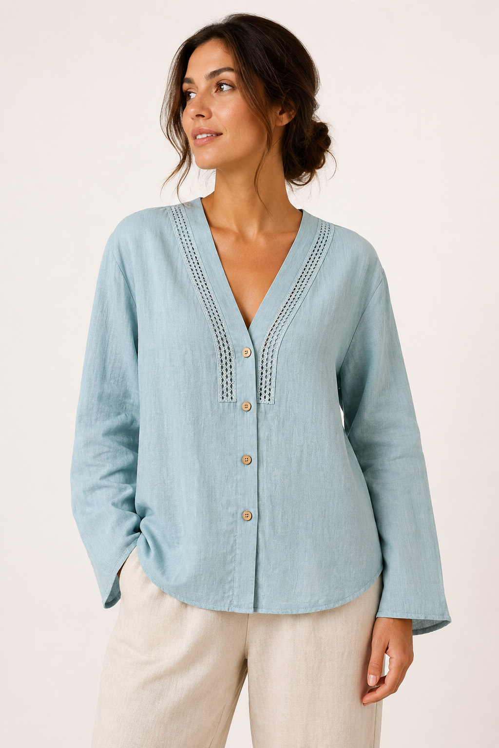 Blusa lino mujer manga larga escote V detalle calado botones casual - Kamila