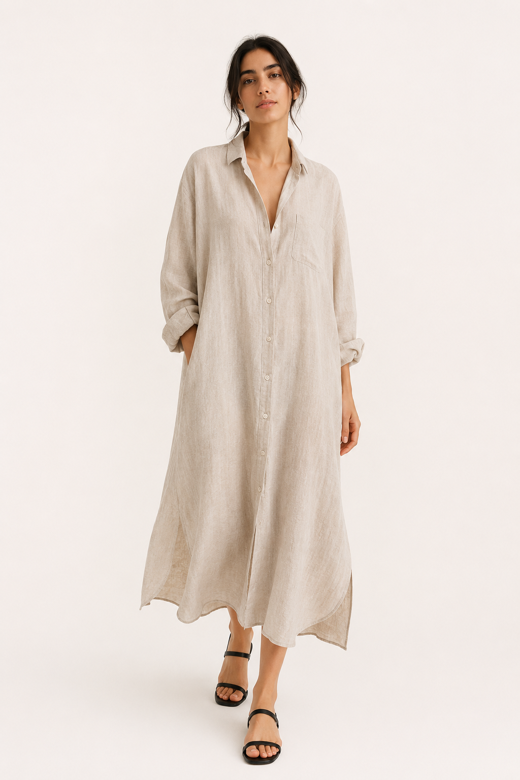 Vestido camisero largo mujer cuello clásico manga larga botones bolsillo - Shanik