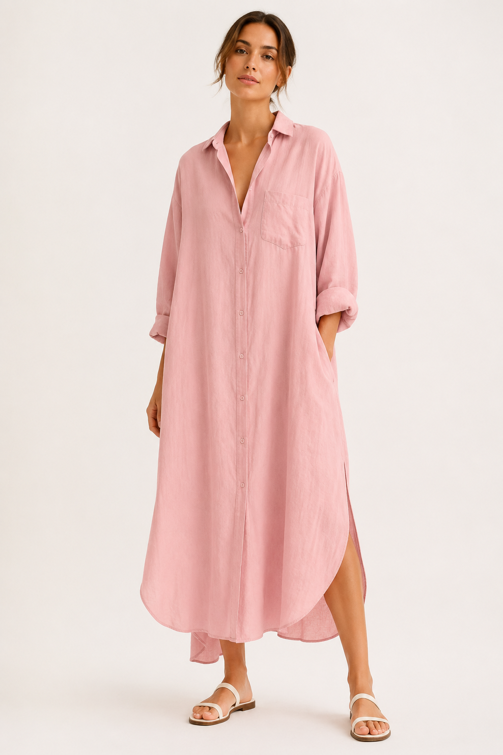 Vestido camisero largo mujer cuello clásico manga larga botones bolsillo - Shanik