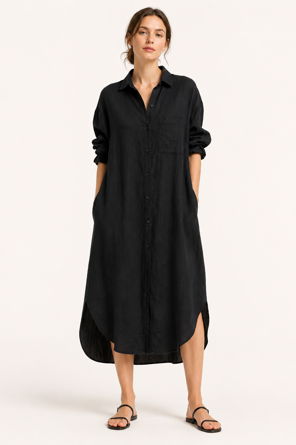 Vestido camisero largo mujer cuello clásico manga larga botones bolsillo - Shanik