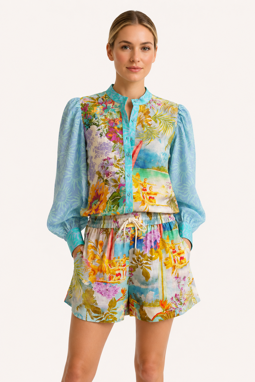 Conjunto mujer blusa manga larga floral pantalón corto casual verano - Annika