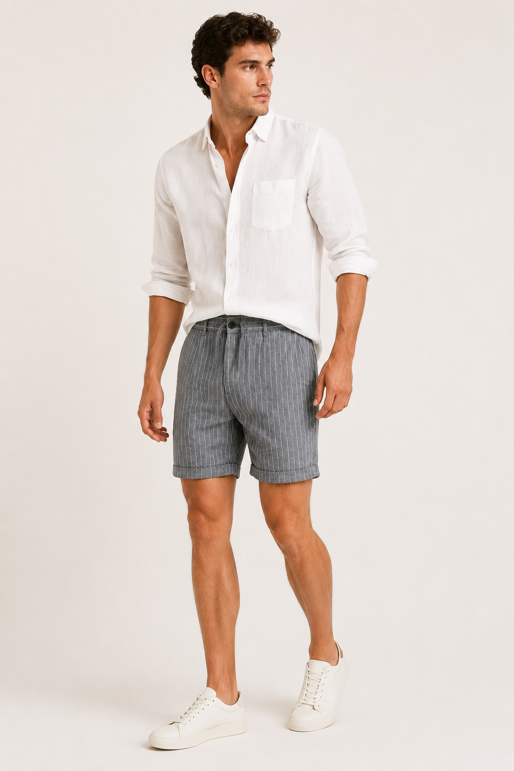 Bermuda lino hombre rayas verticales pretina botón corte recto verano - Nadal