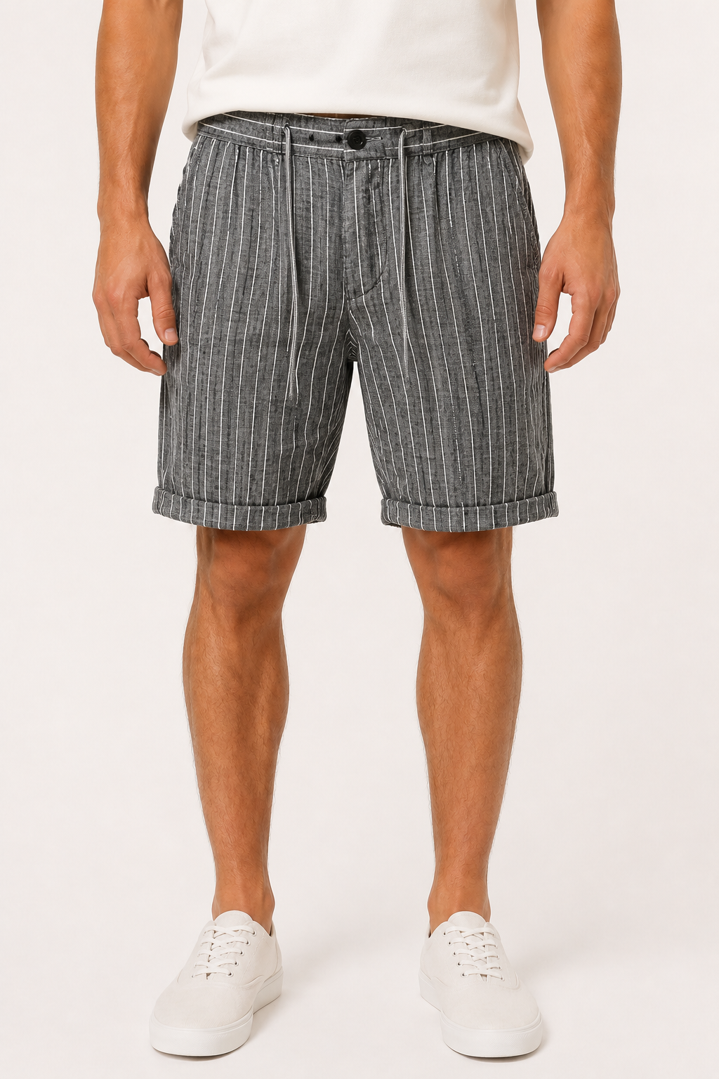 Bermuda lino hombre rayas verticales pretina botón corte recto verano - Nadal