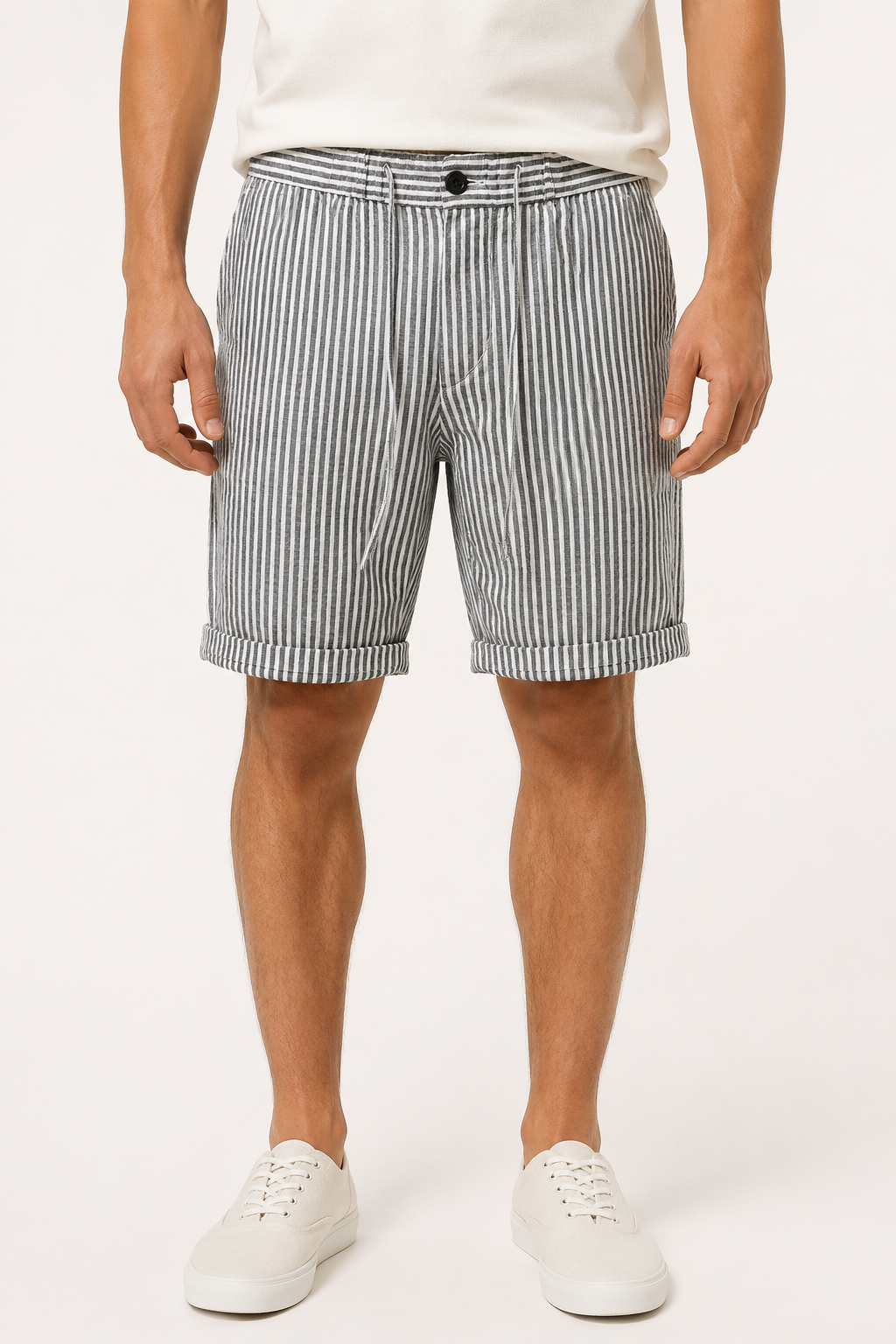 Bermuda lino hombre rayas verticales pretina botón corte recto verano - Nadal