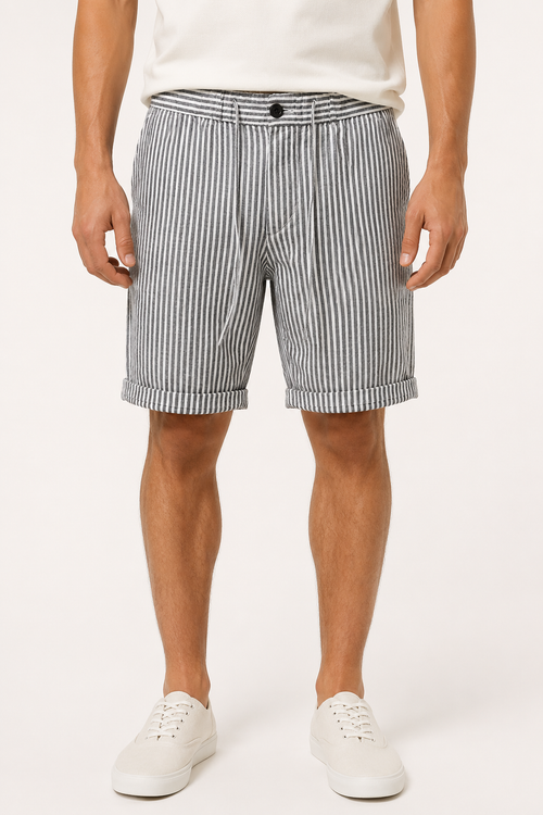 Bermuda lino hombre rayas verticales pretina botón corte recto verano - Nadal