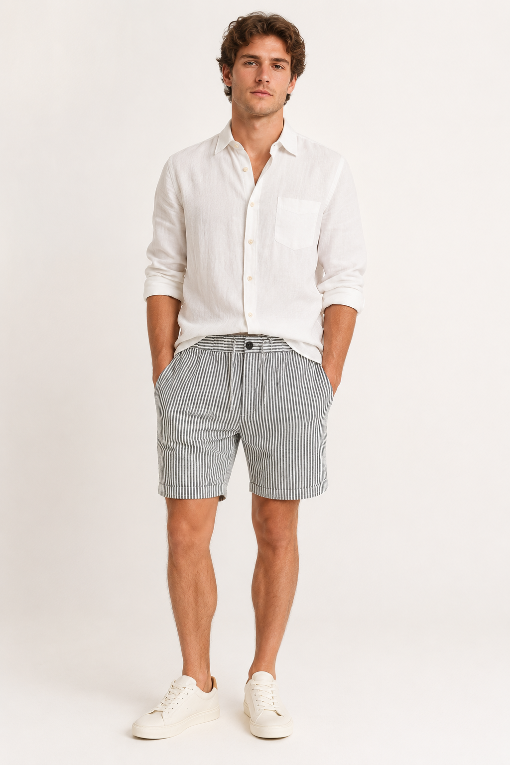 Bermuda lino hombre rayas verticales pretina botón corte recto verano - Nadal