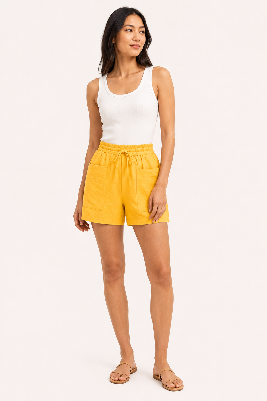 Short mujer cintura elástica lazo bolsillos parche pierna amplia casual - Lanni