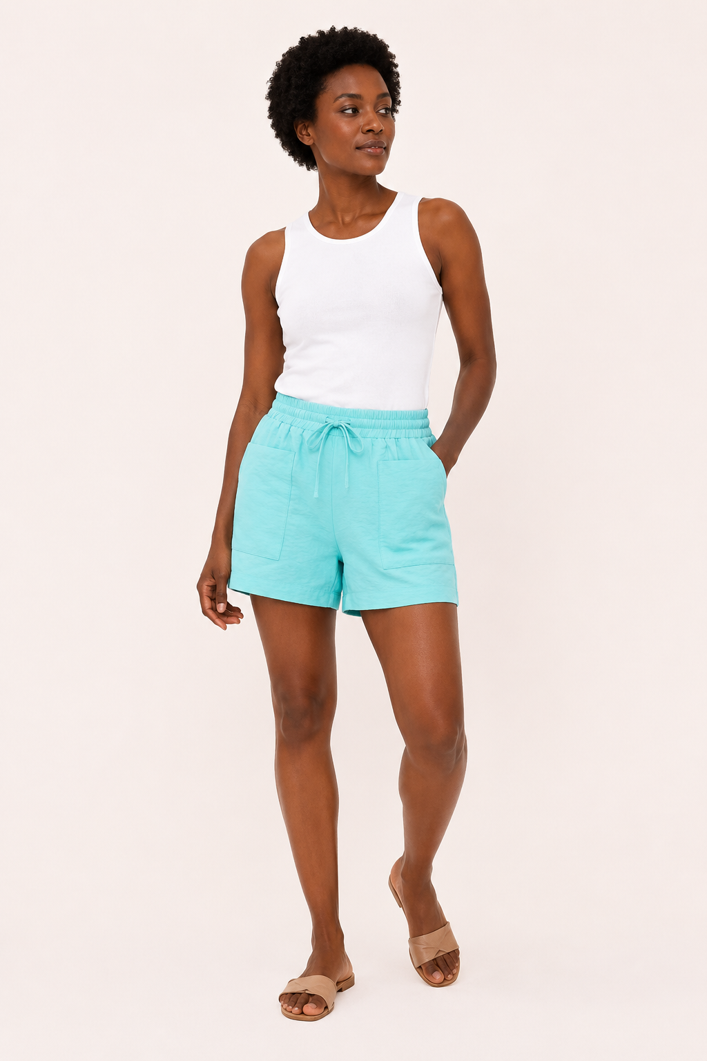 Short mujer cintura elástica lazo bolsillos parche pierna amplia casual - Lanni