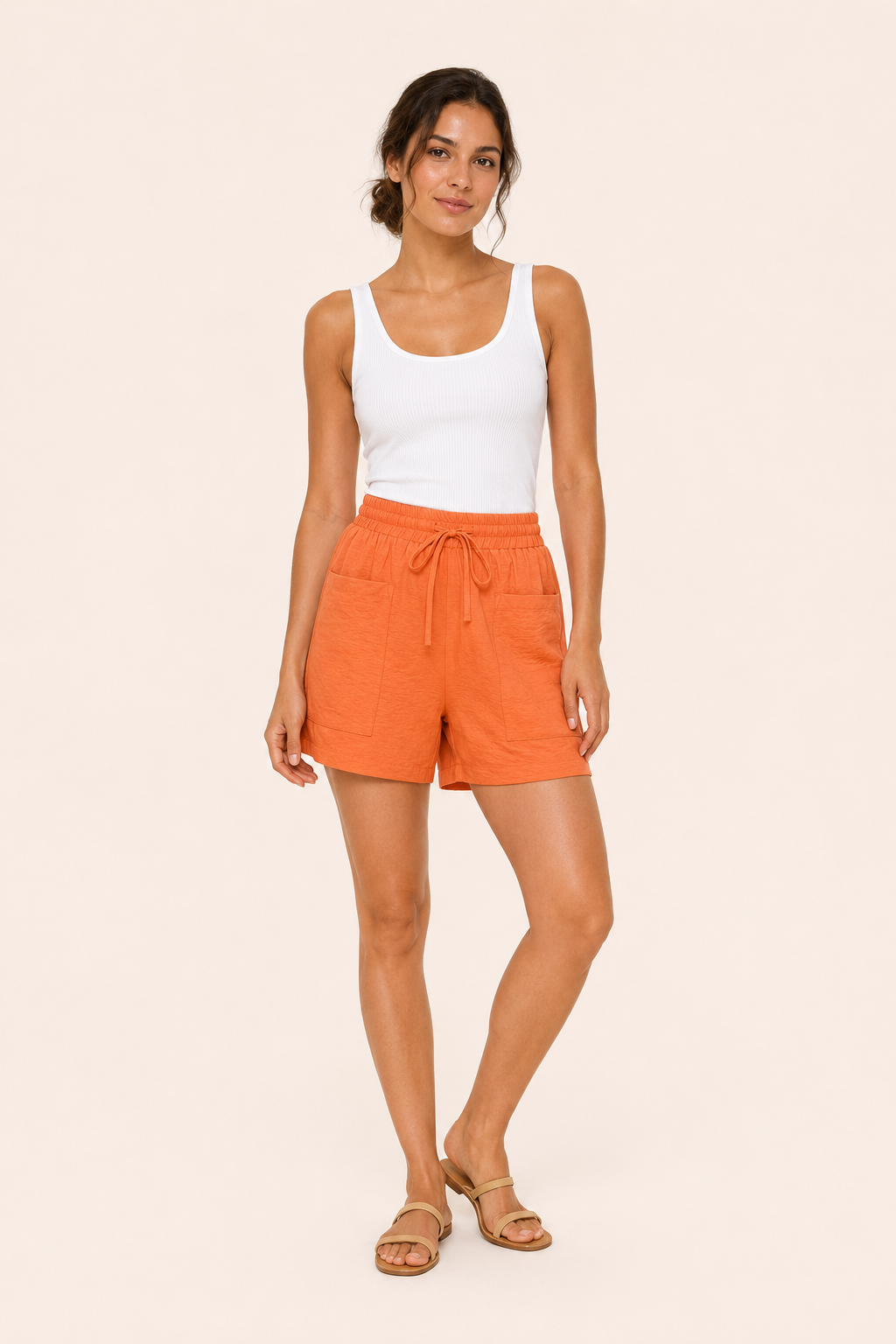 Short mujer cintura elástica lazo bolsillos parche pierna amplia casual - Lanni