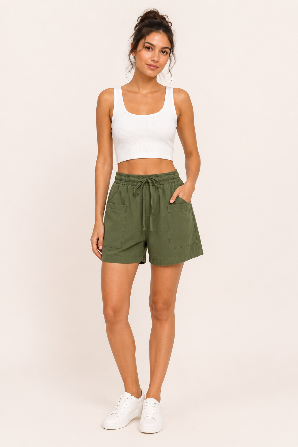 Short mujer cintura elástica lazo bolsillos parche pierna amplia casual - Lanni