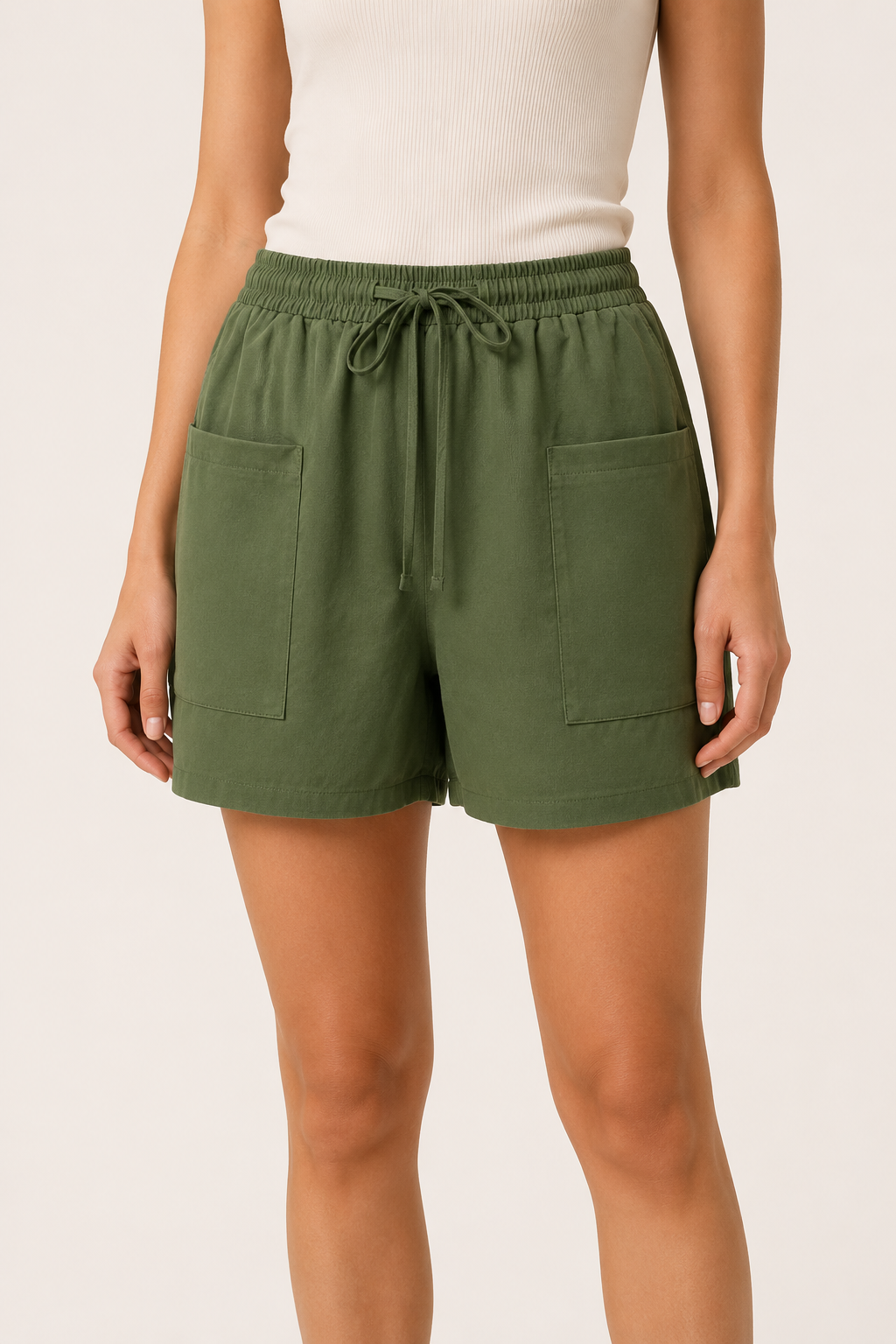 Short mujer cintura elástica lazo bolsillos parche pierna amplia casual - Lanni