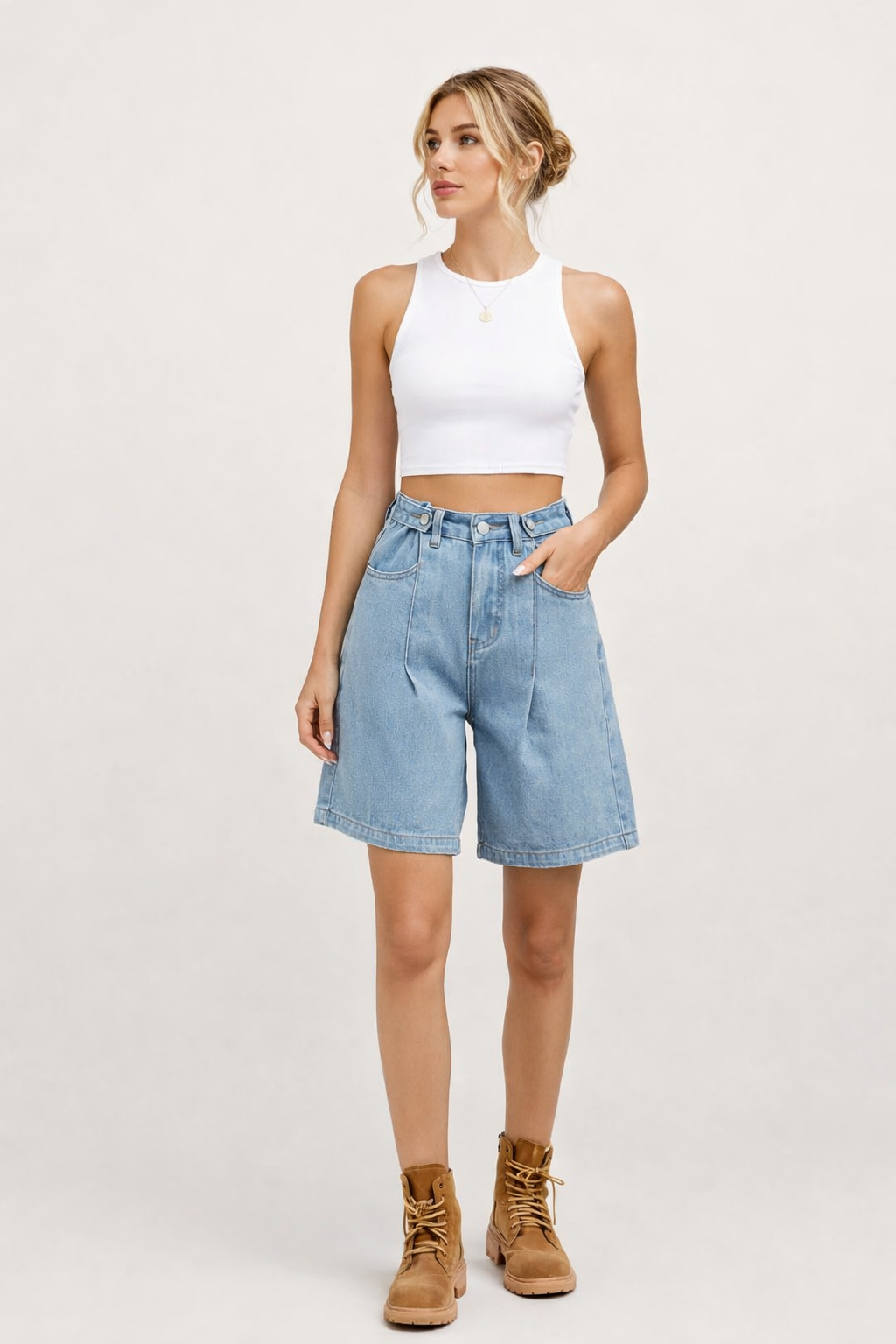 Short bermuda de mezclilla con botones ajustables para mujer - Erika