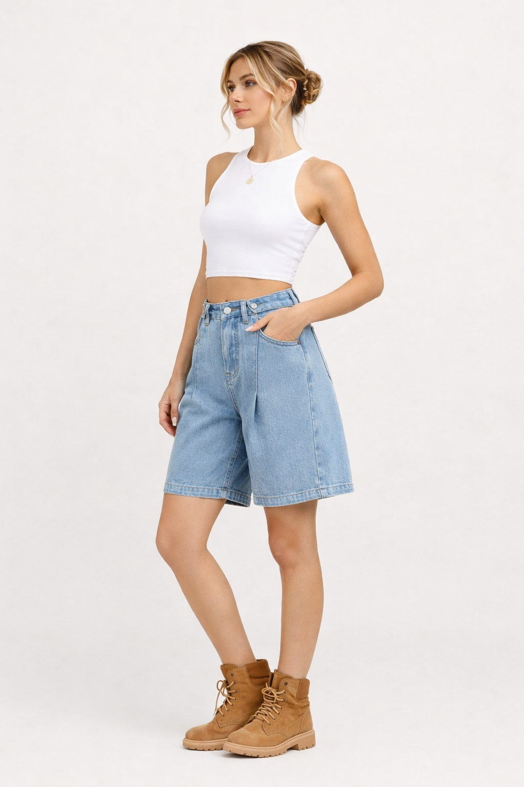 Short bermuda de mezclilla con botones ajustables para mujer - Erika