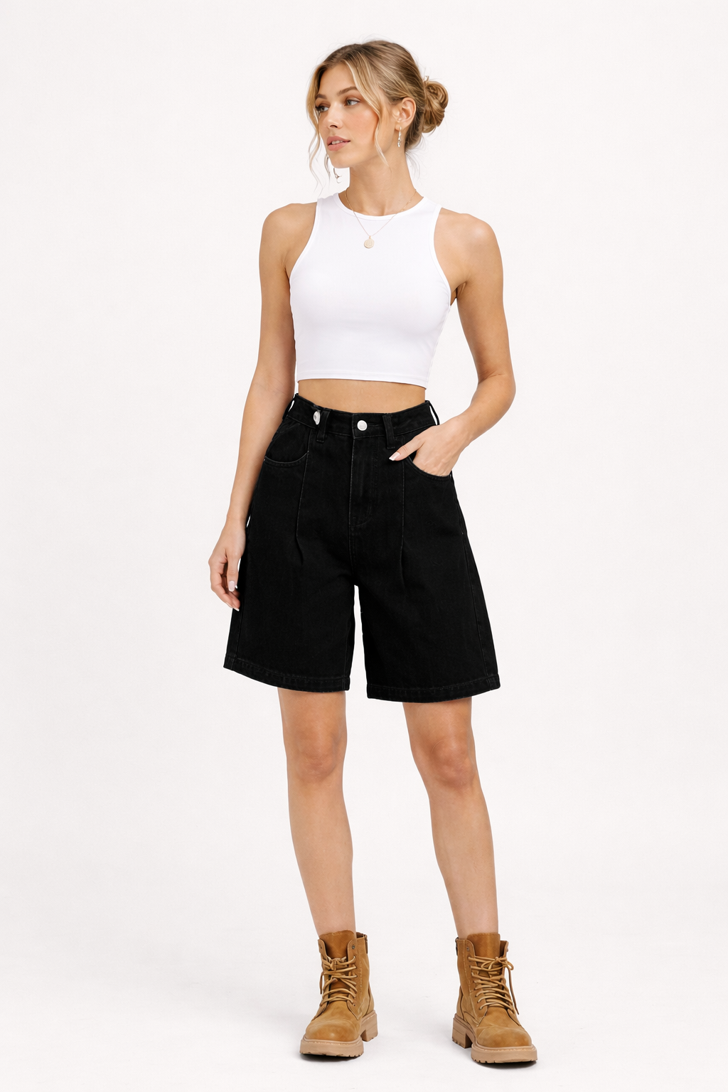 Short bermuda de mezclilla con botones ajustables para mujer - Erika