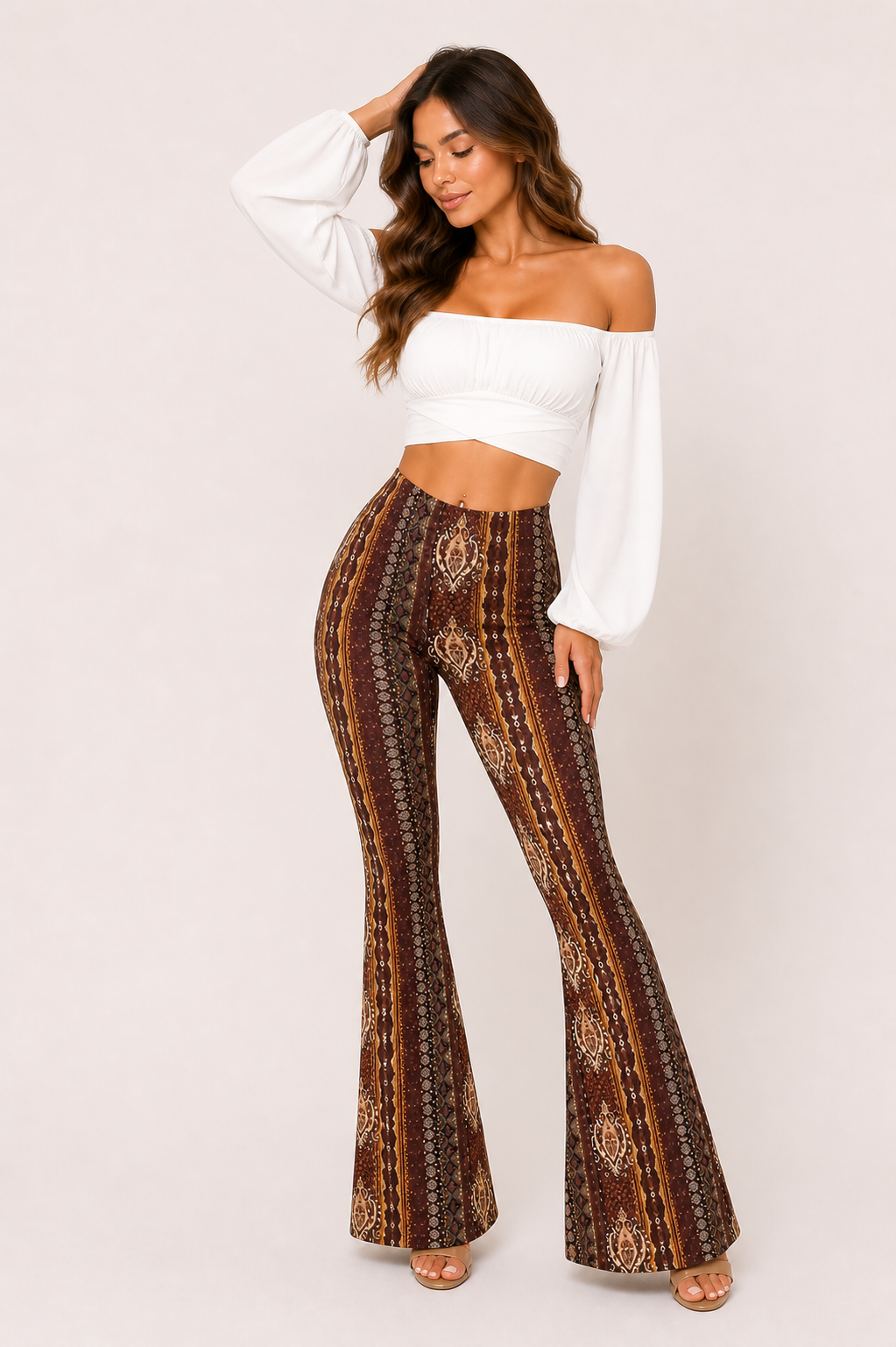 Pantalón acampanado mujer estampado vertical cintura alta silueta - Klara