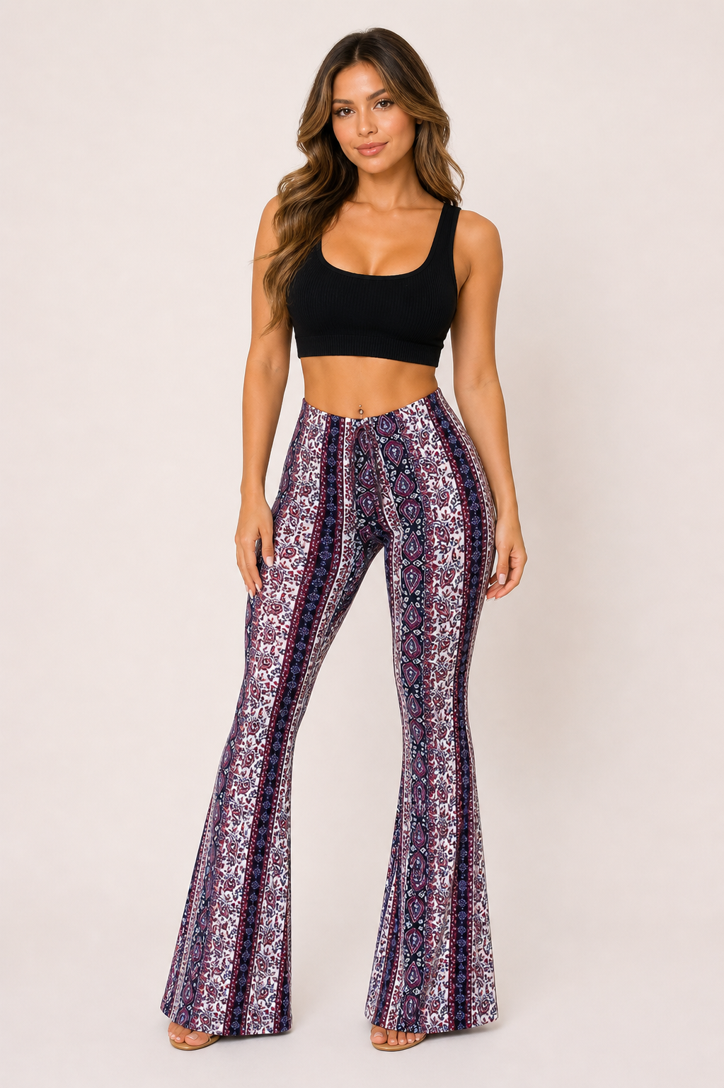 Pantalón acampanado mujer estampado vertical cintura alta silueta - Klara