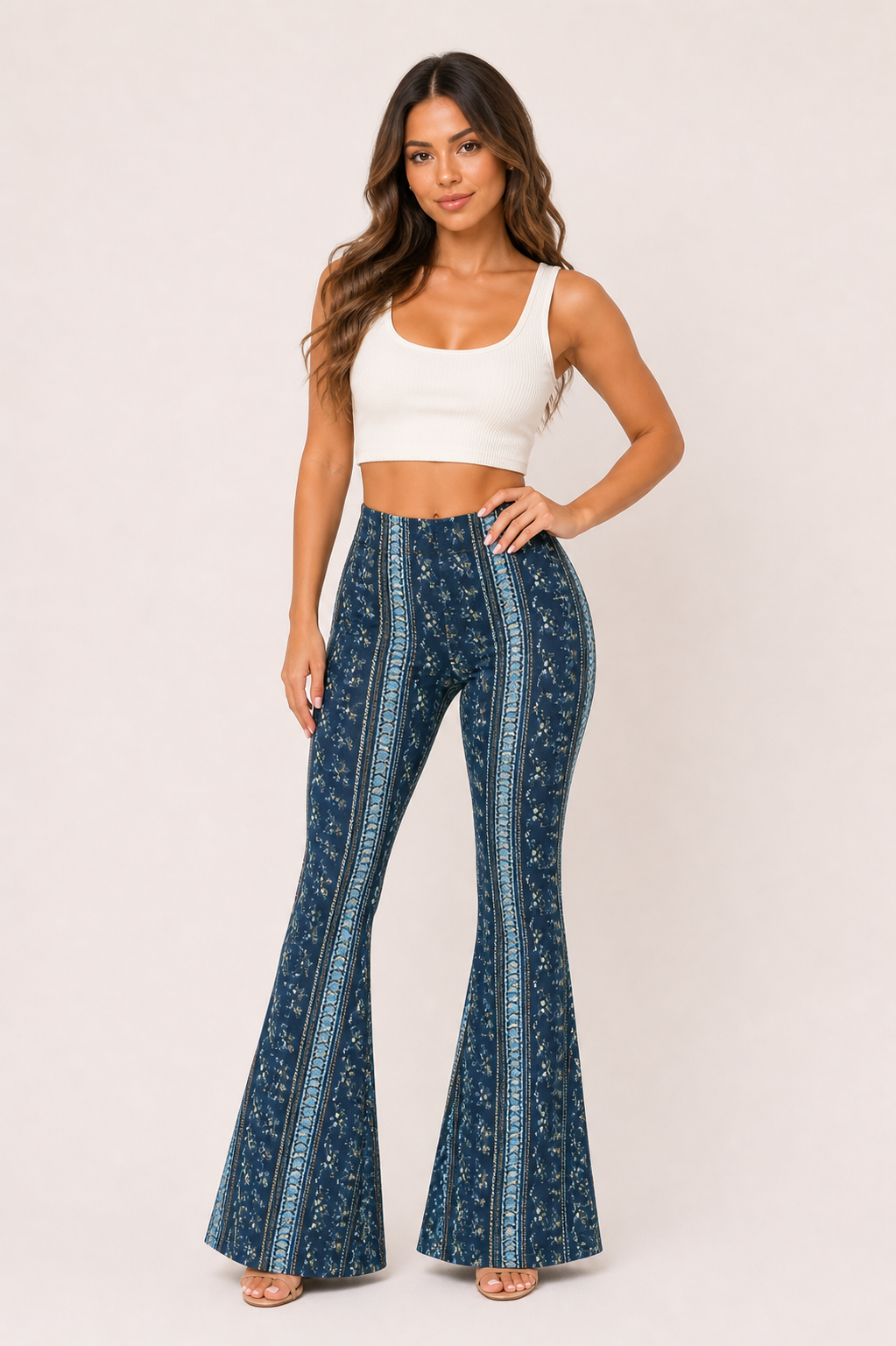 Pantalón acampanado mujer estampado vertical cintura alta silueta - Klara