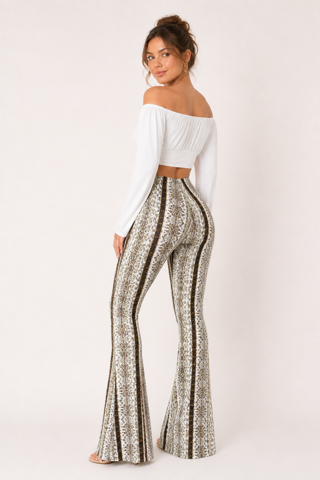 Pantalón acampanado mujer estampado vertical cintura alta silueta - Klara