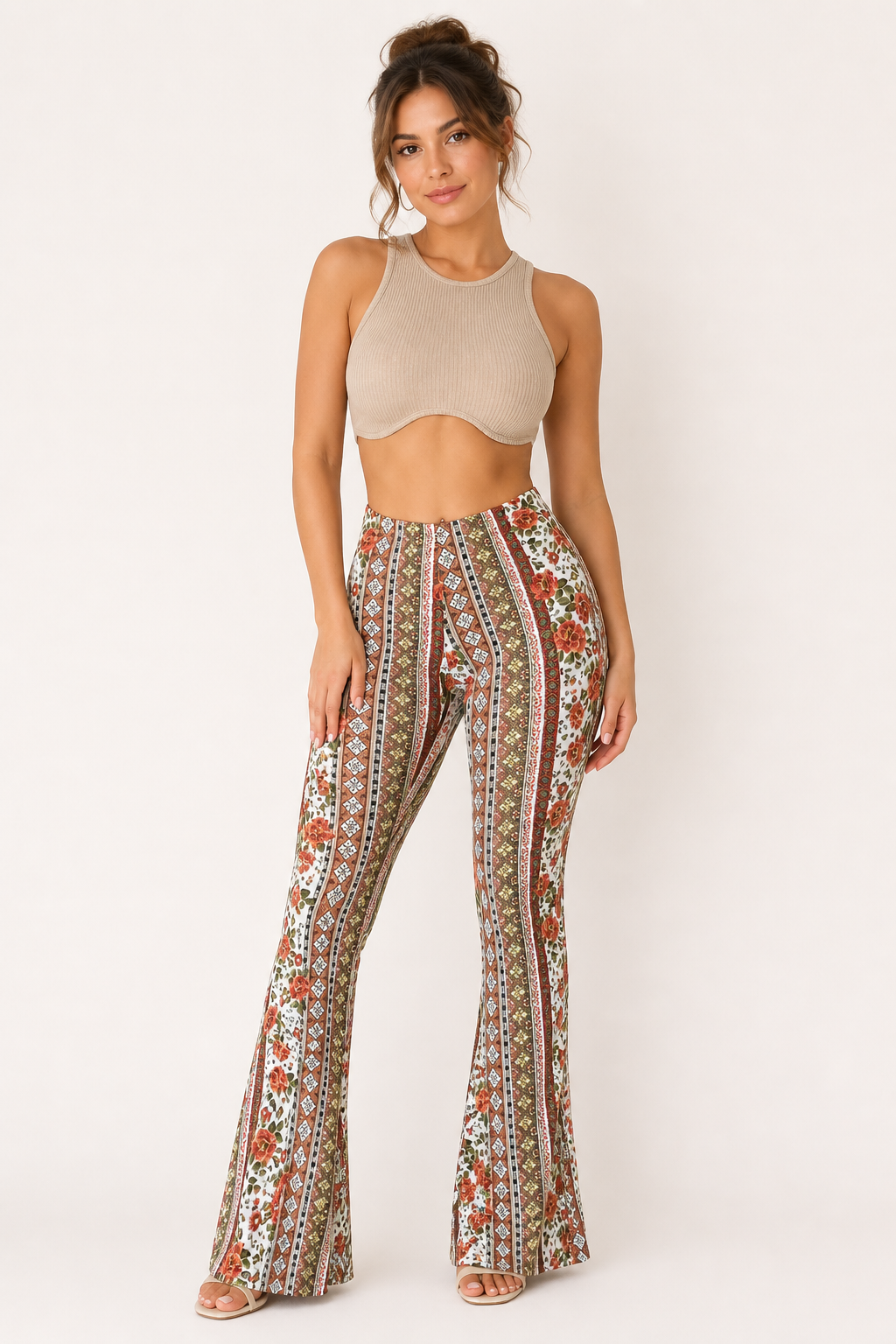 Pantalón acampanado mujer estampado vertical cintura alta silueta - Klara