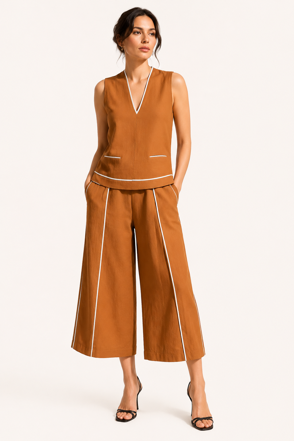 Conjunto mujer top sin mangas escote pico pantalón ancho fluido elegante - Friedel