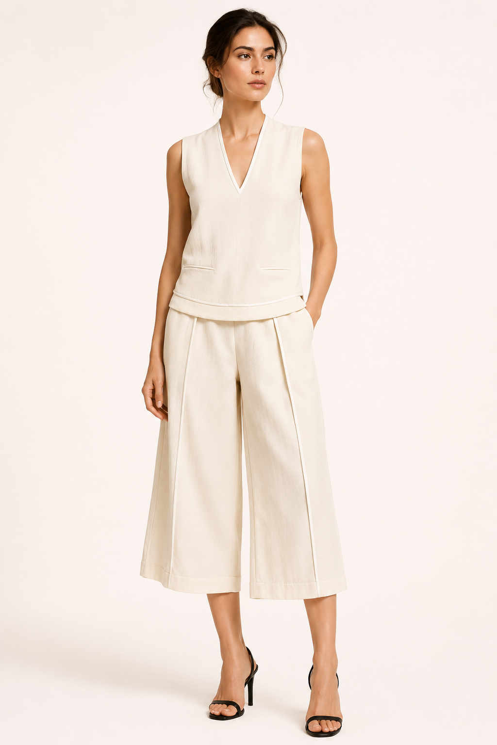Conjunto mujer top sin mangas escote pico pantalón ancho fluido elegante - Friedel