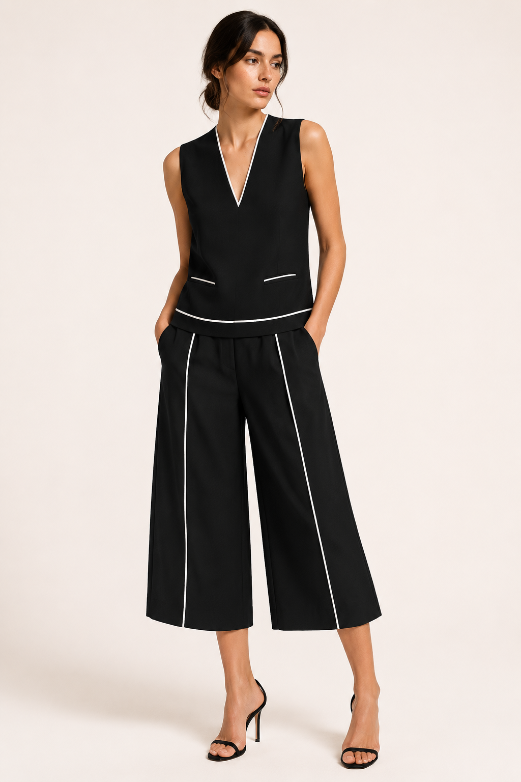Conjunto mujer top sin mangas escote pico pantalón ancho fluido elegante - Friedel