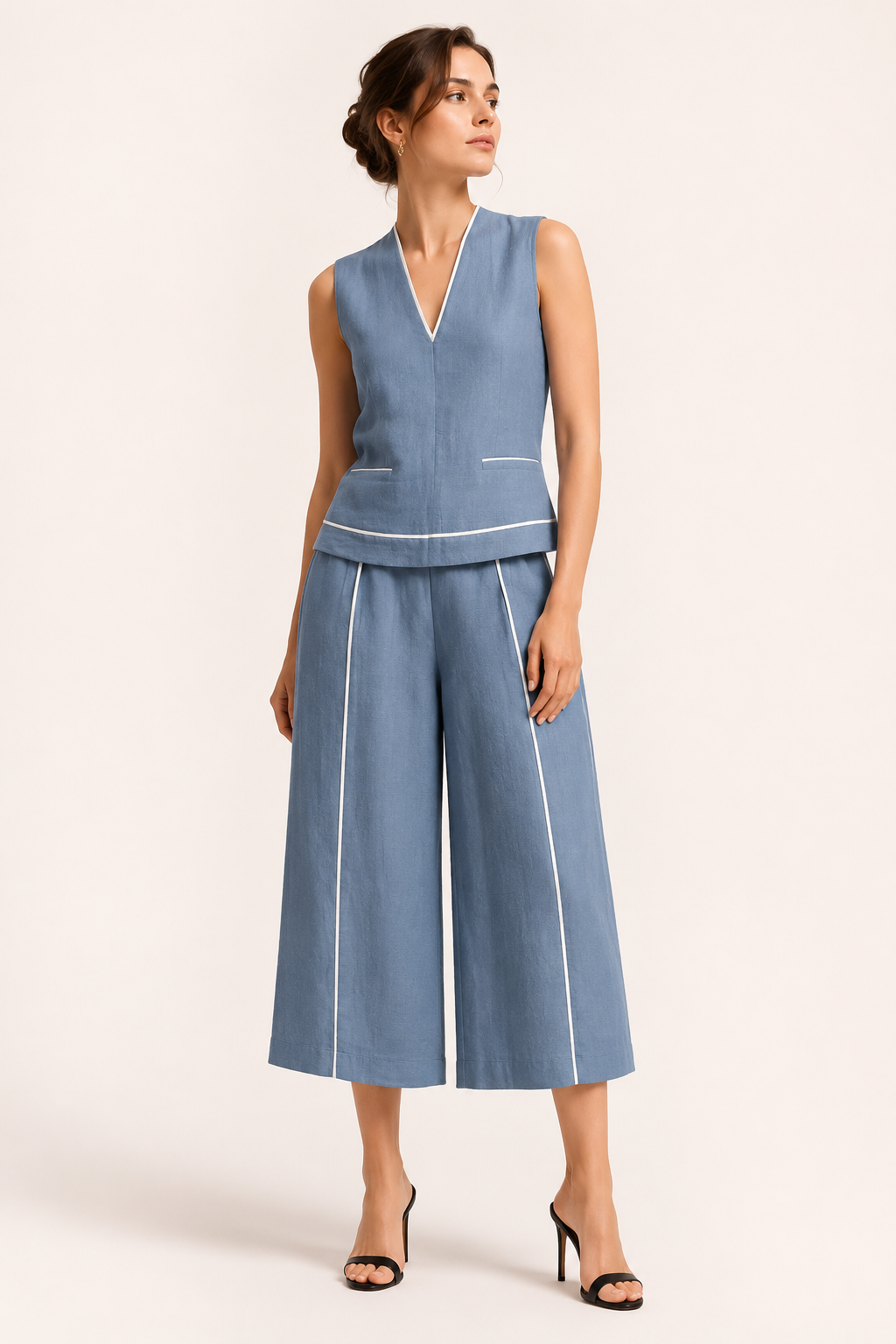 Conjunto mujer top sin mangas escote pico pantalón ancho fluido elegante - Friedel
