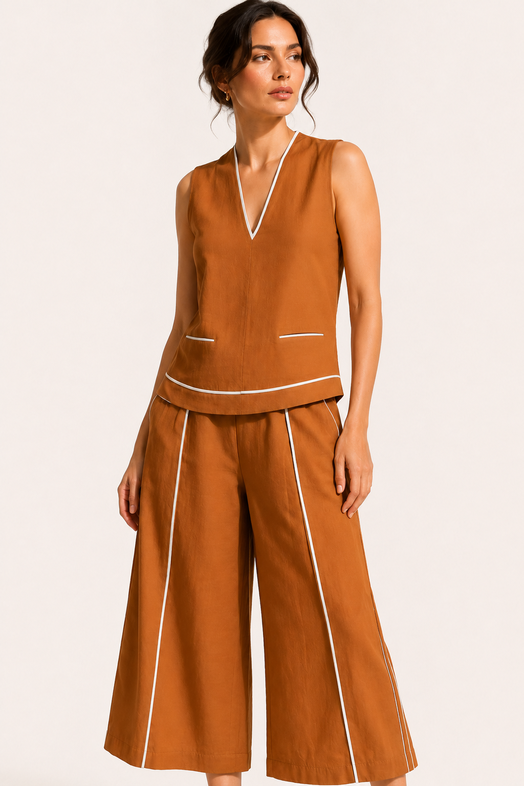 Conjunto mujer top sin mangas escote pico pantalón ancho fluido elegante - Friedel