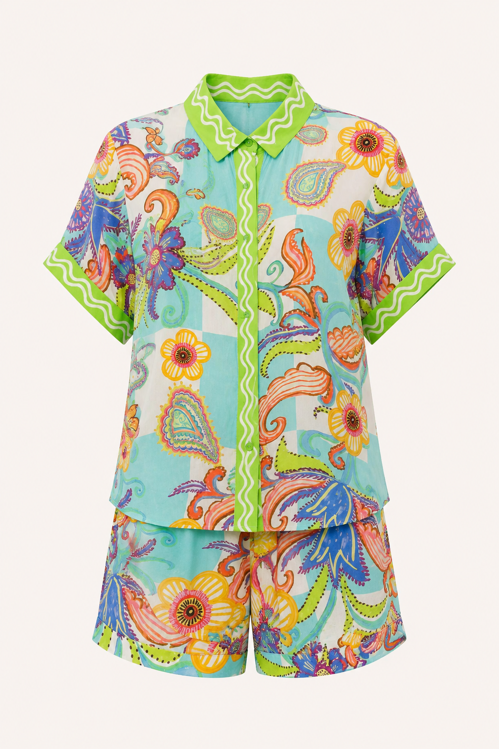 Conjunto mujer blusa botones short estampado floral paisley verano resort - Tabea