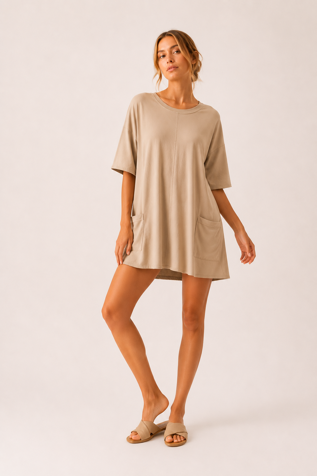 Jumpsuit corto mujer cuello redondo bolsillos corte amplio casual - Hanneli