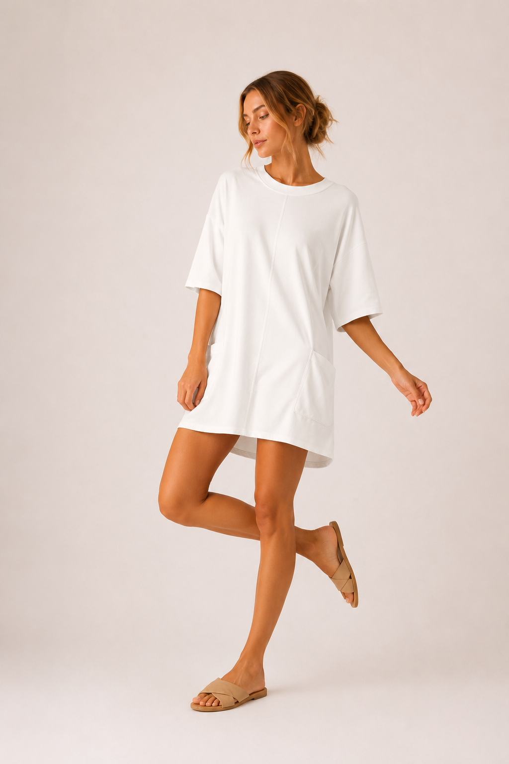 Jumpsuit corto mujer cuello redondo bolsillos corte amplio casual - Hanneli