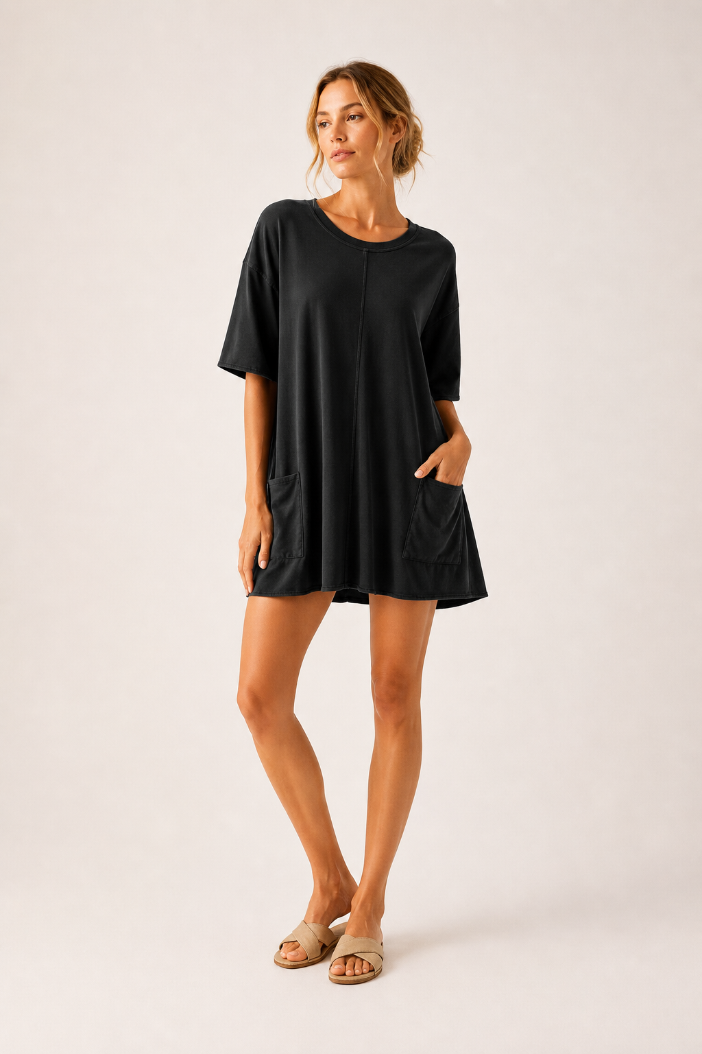 Jumpsuit corto mujer cuello redondo bolsillos corte amplio casual - Hanneli
