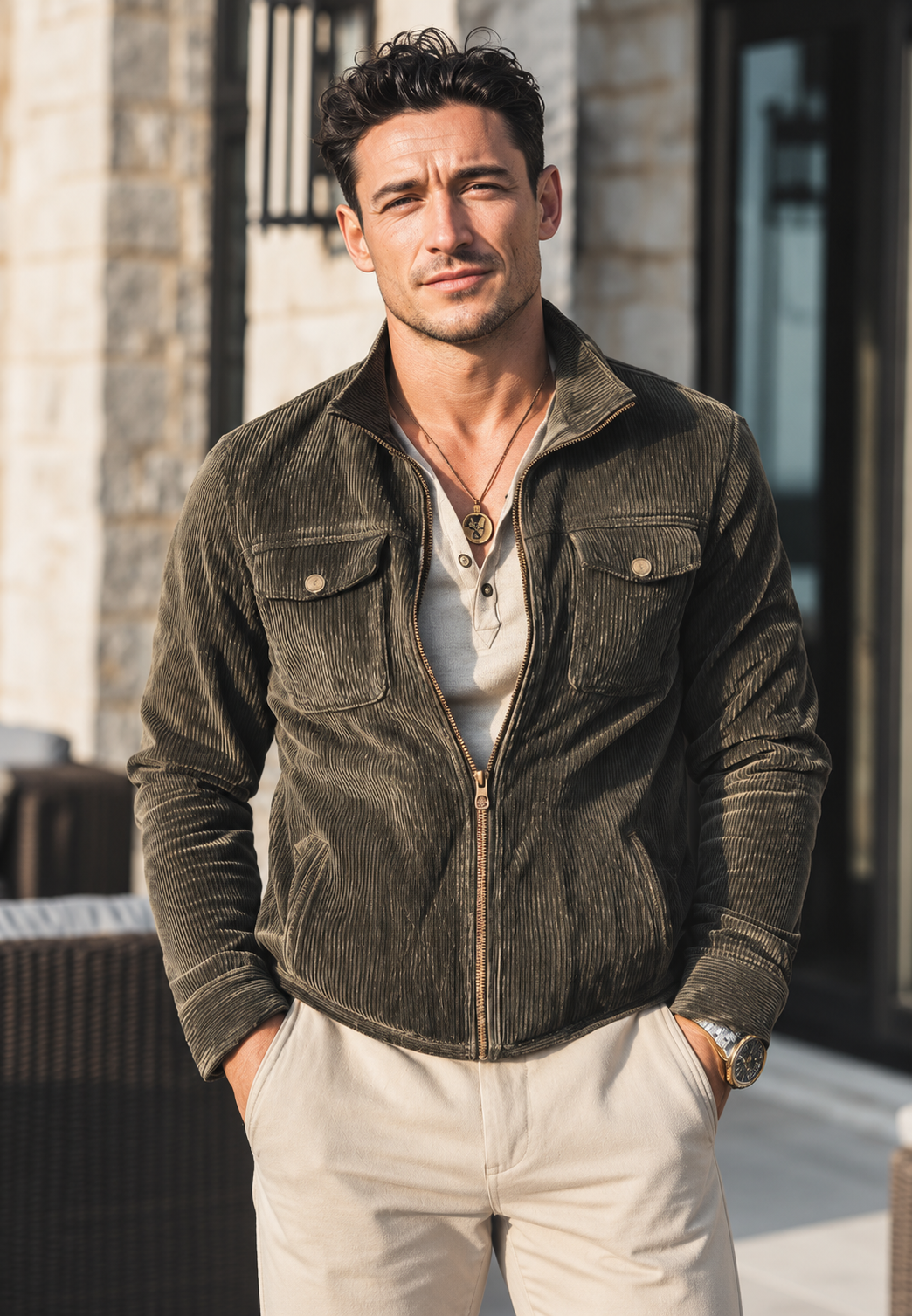 Chaqueta pana hombre cuello alto cremallera bolsillos pecho corte limpio - Florian