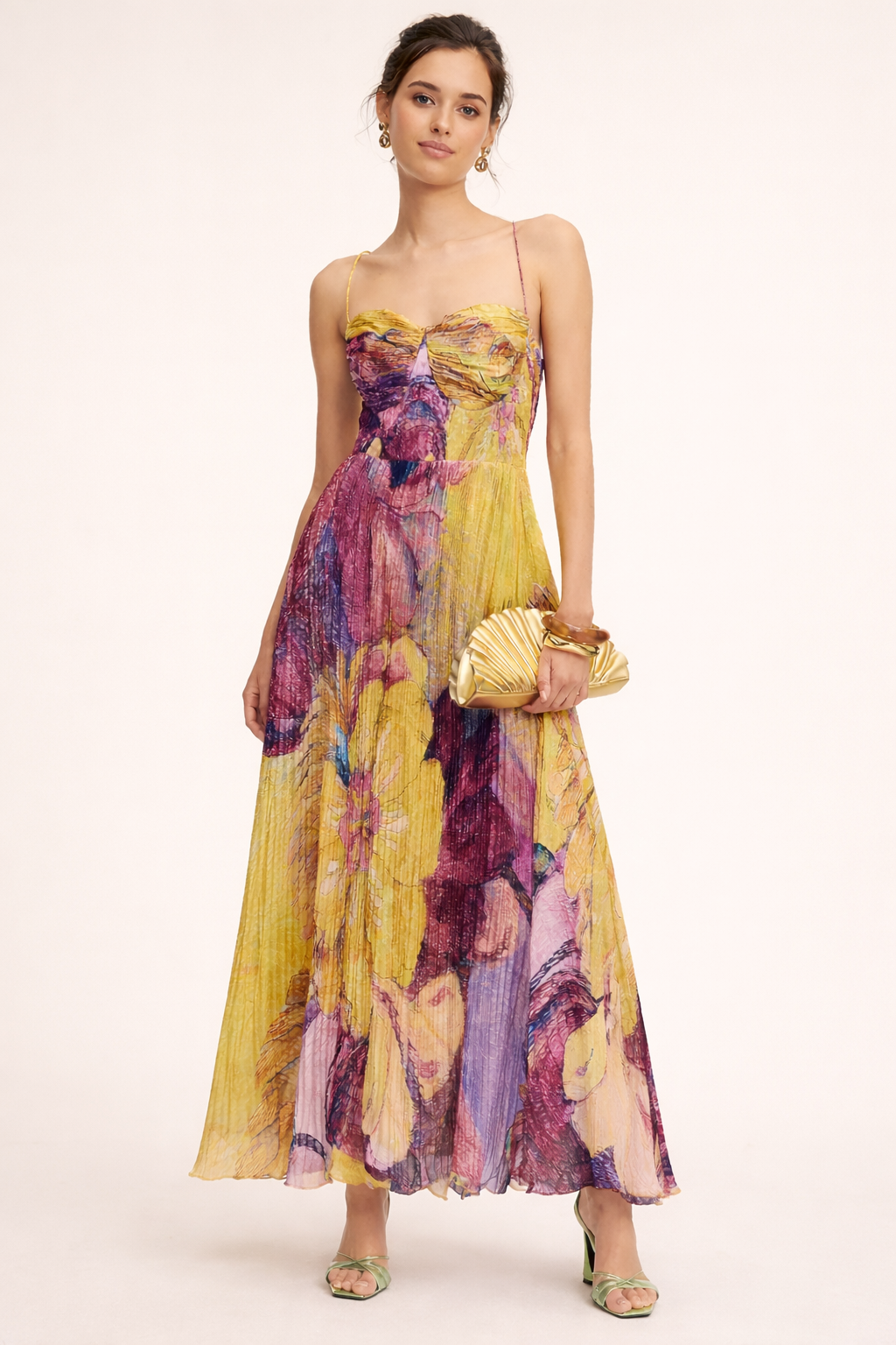 Vestido maxi elegante con plisado floral - Camila