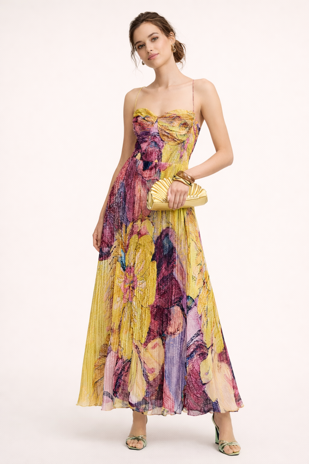 Vestido maxi elegante con plisado floral - Camila