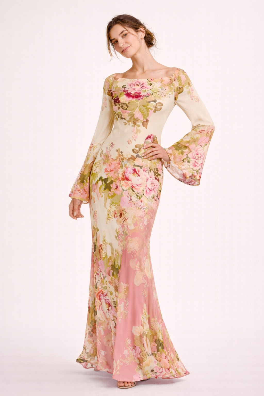 Maxi vestido para mujer con estampado floral y mangas acampanadas - Helga