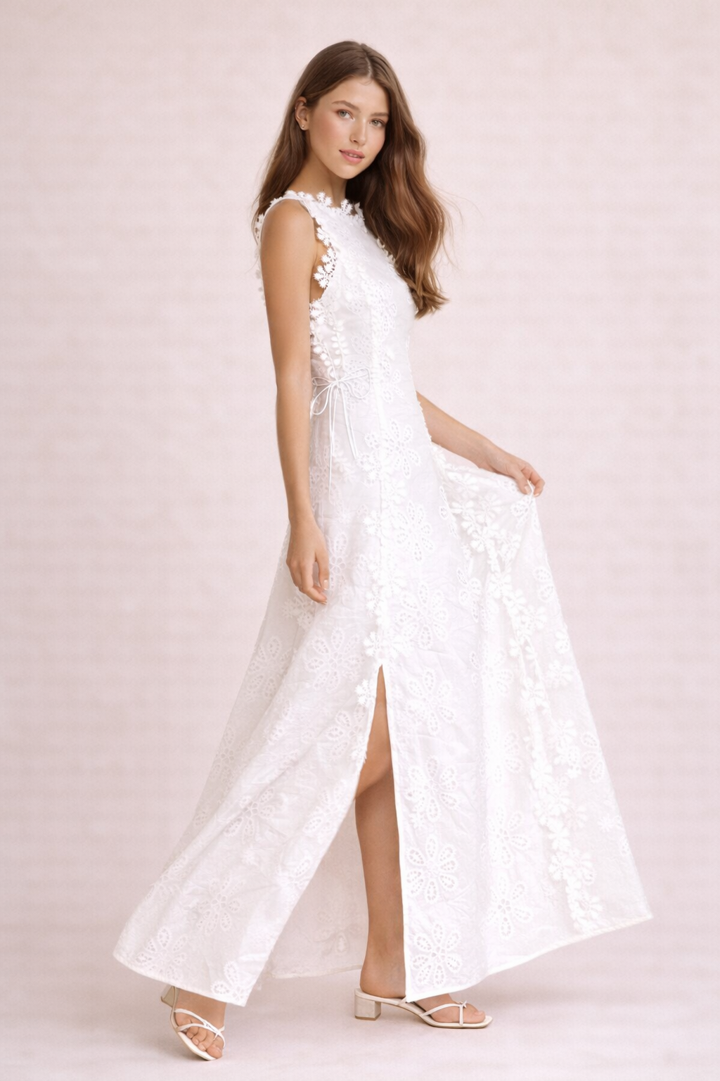 Vestido largo con textura floral y lazos - Marina