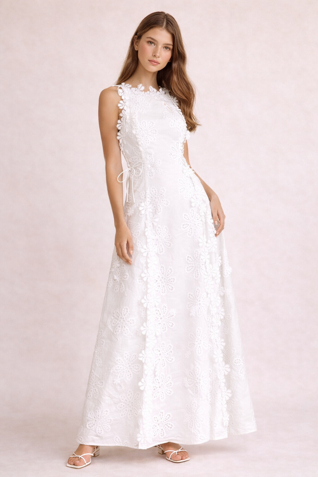 Vestido largo con textura floral y lazos - Marina