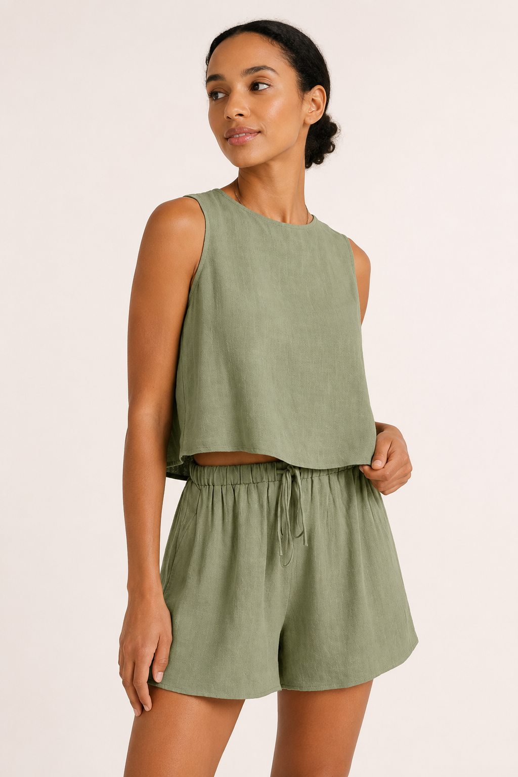 Conjunto mujer top sin mangas short cintura elástica cordón verano - Anika