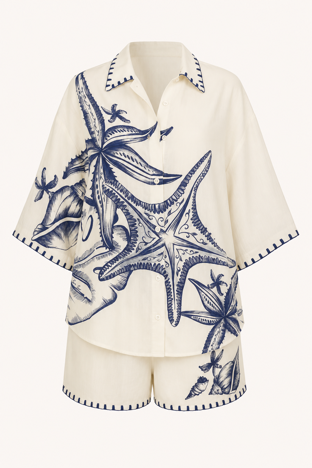 Conjunto mujer camisa oversize estampado marino short verano resort - Lidia