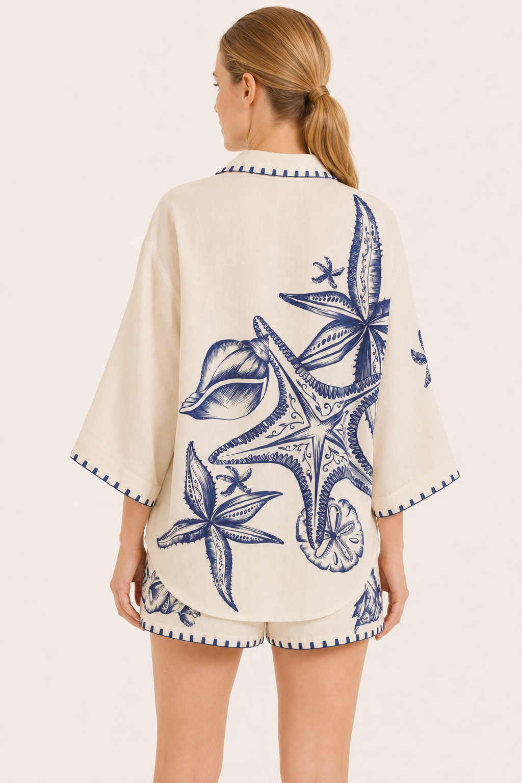Conjunto mujer camisa oversize estampado marino short verano resort - Lidia