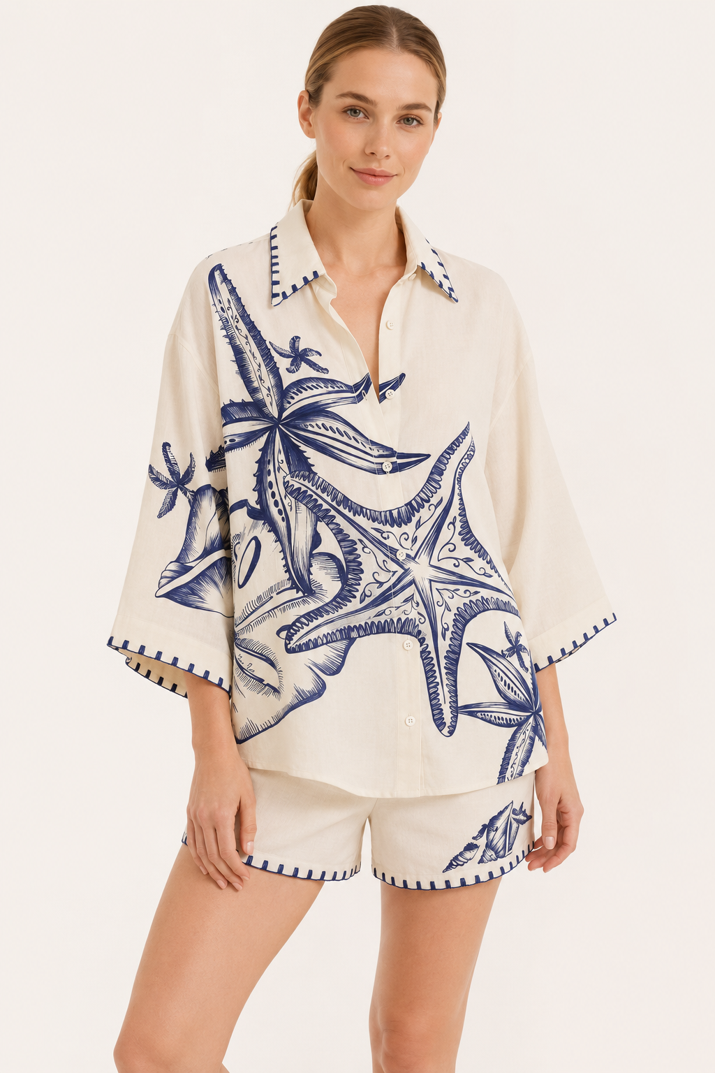 Conjunto mujer camisa oversize estampado marino short verano resort - Lidia
