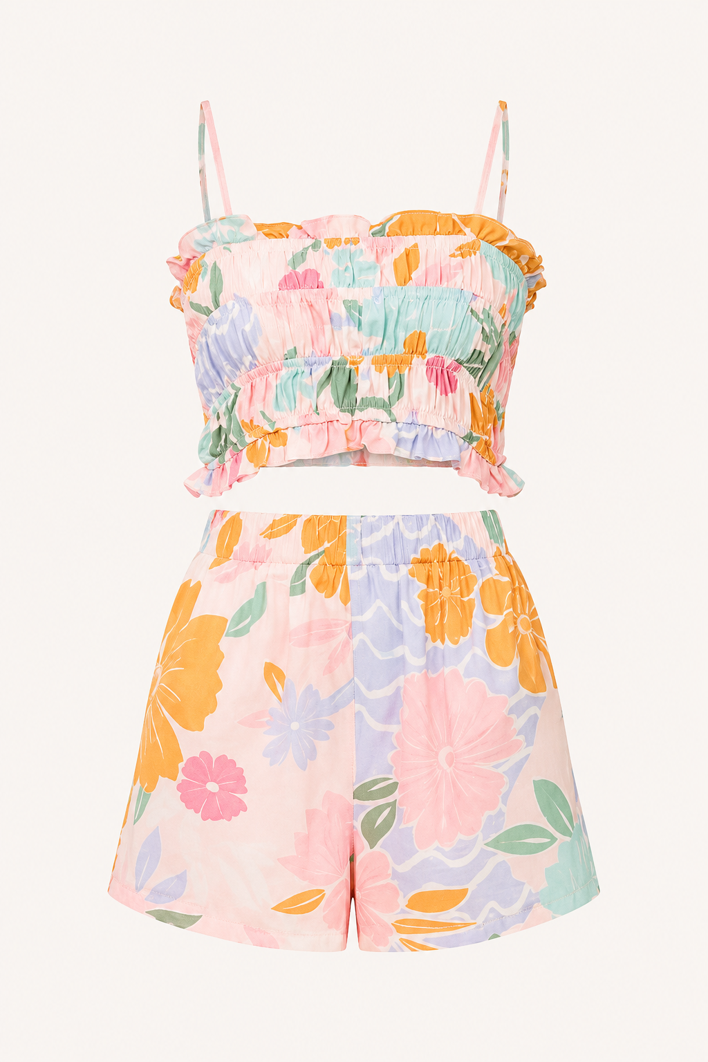 Conjunto mujer top elástico tirantes volante short floral coordinado - Maja