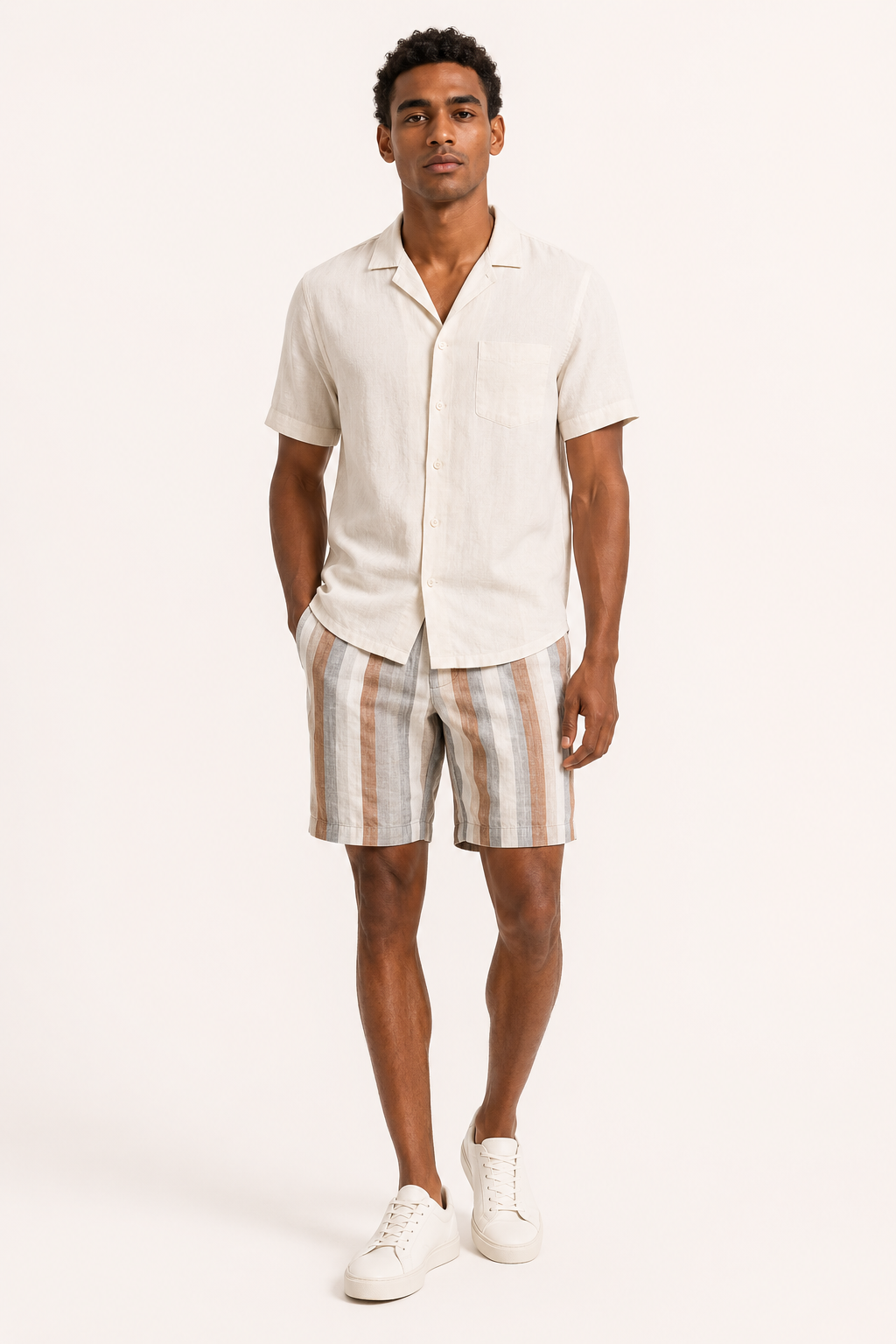 Bermuda lino hombre rayas anchas corte recto transpirable dobladillo - Falko