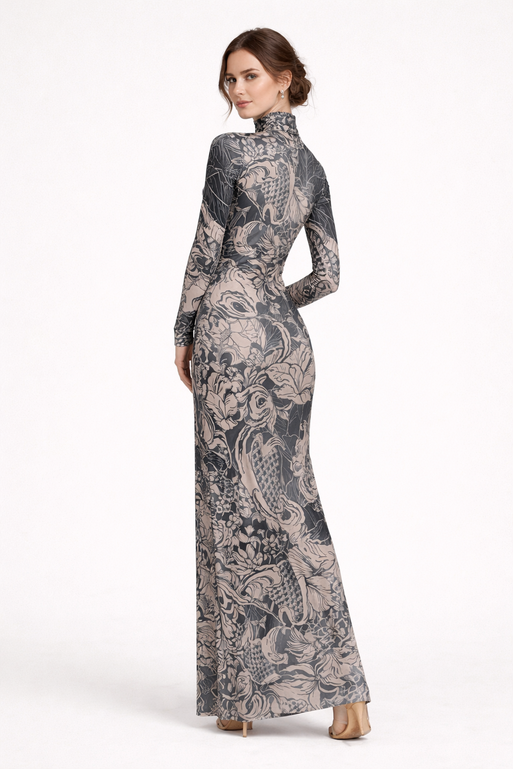 Maxi vestido para mujer de manga larga con cuello alto y estampado - Baddie